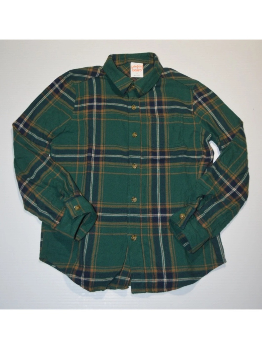Jumping Beans Boys Sz 7 Green Plaid Long Sleeves Button Down Shirt